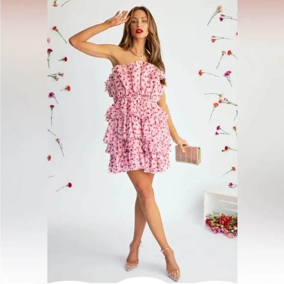 Mable Heartbreaker Strapless Pink Glitter Heart Ruffle Tulle Dress Medium - Picture 3 of 16